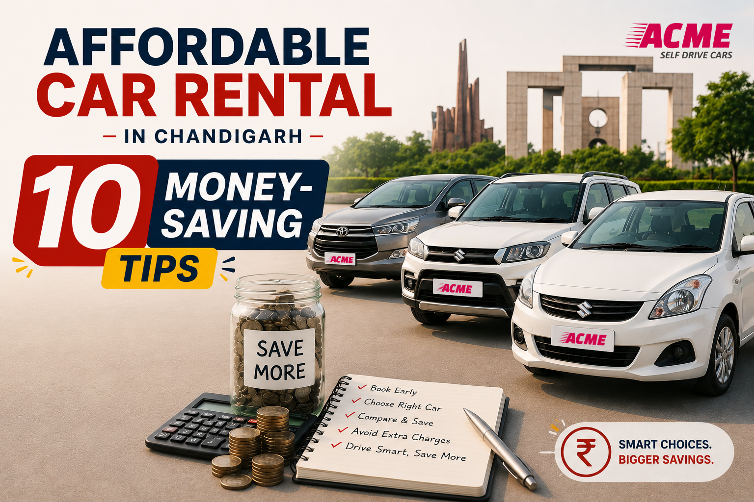 Affordable car rental in Chandigarh — budget self drive cars parked for pickup